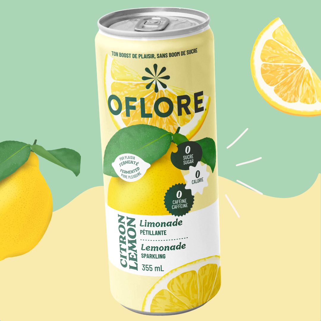 OFLORE Citron | Limonade pétillante fermentée | 0 sucre, 0 calorie, 0 caféine | 12 canettes x 355ml