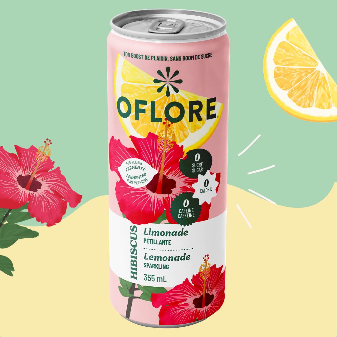 OFLORE Hibiscus | Limonade pétillante fermentée | 0 sucre, 0 calorie, 0 caféine | 12 canettes x 355ml