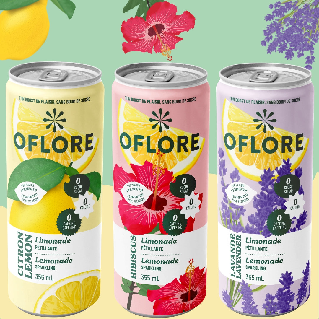 OFLORE Caisse découverte – Limonade pétillante fermentée | Citron, Hibiscus & Lavande | 12 x 355 ml | 0 sucre, 0 calorie, 0 caféine